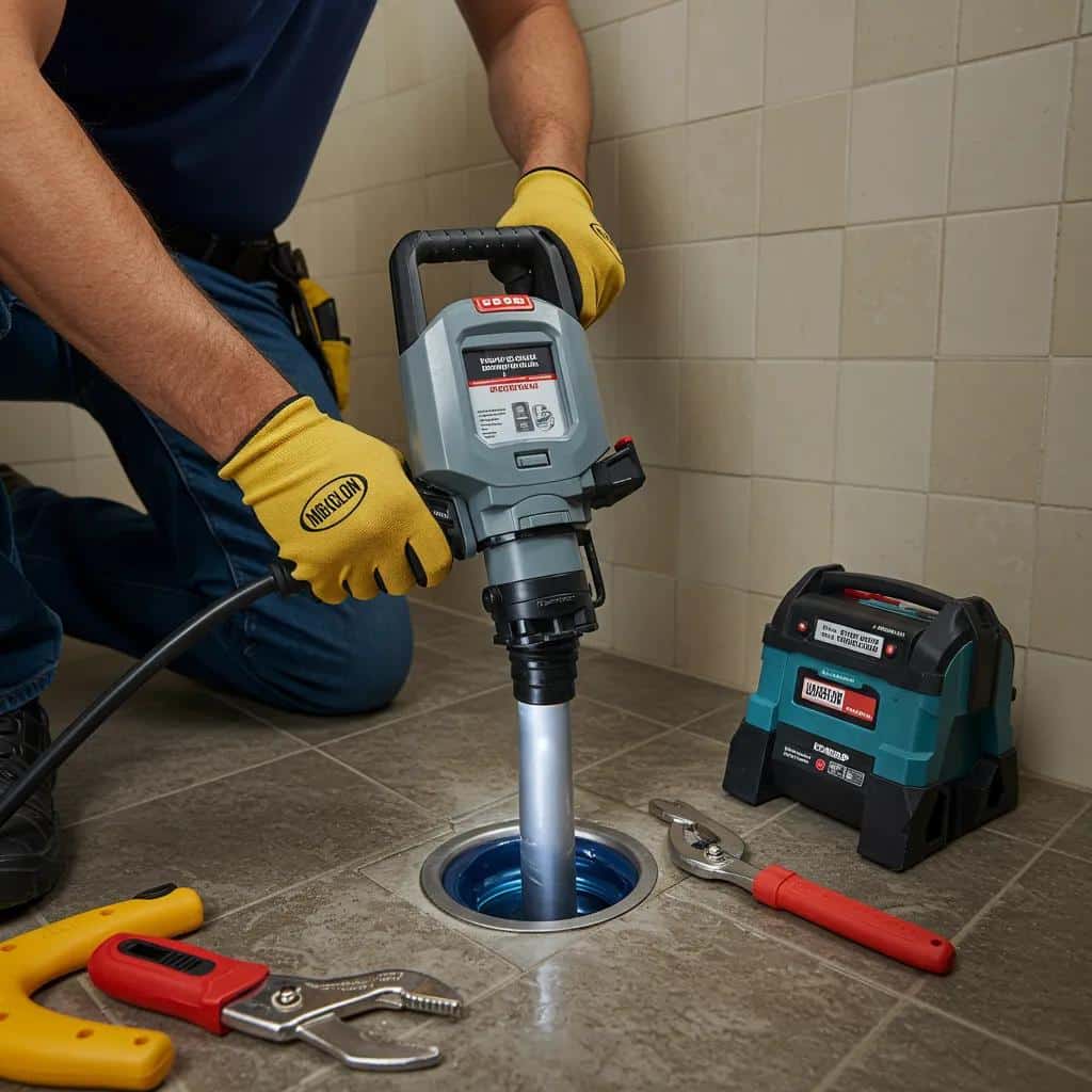 Plumber addressing a sewer backup in a bathroom, illustrating urgent plumbing needs