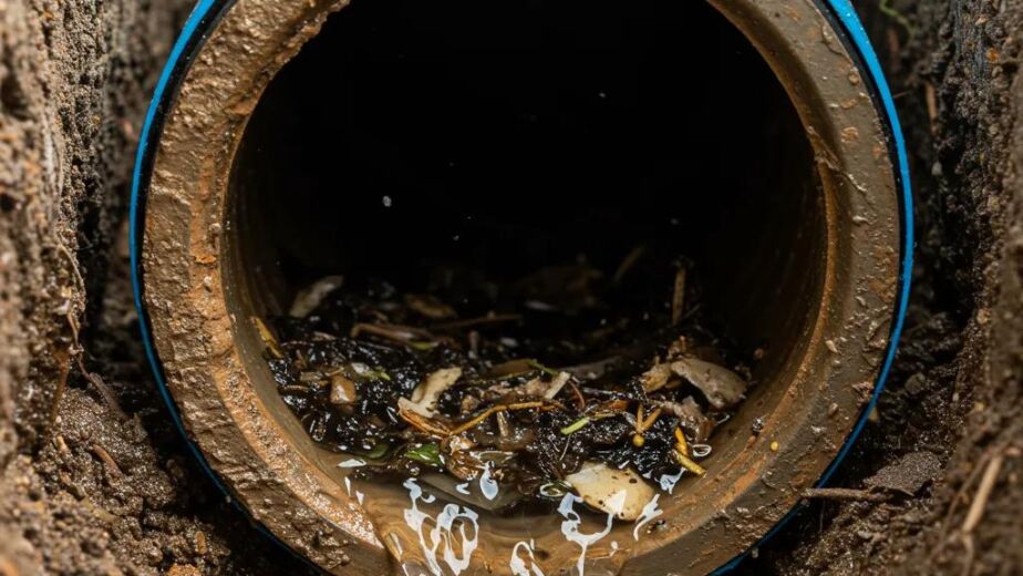 Close-up of a clogged sewer line showing signs of blockage and debris
