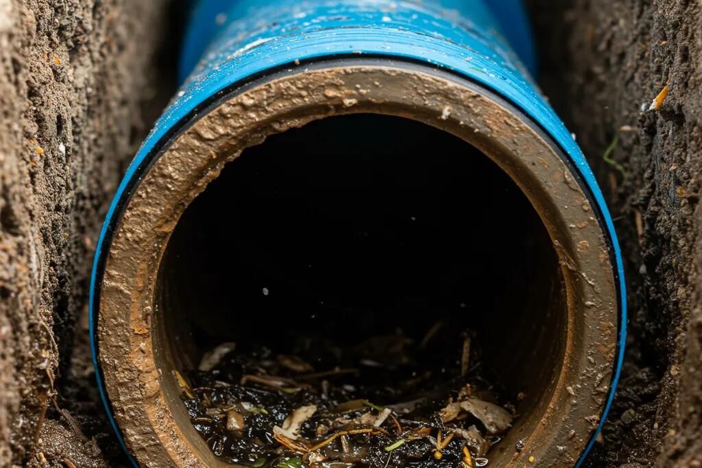 Clogged sewer line with debris and blockage, illustrating plumbing repair needs in Nassau County.
