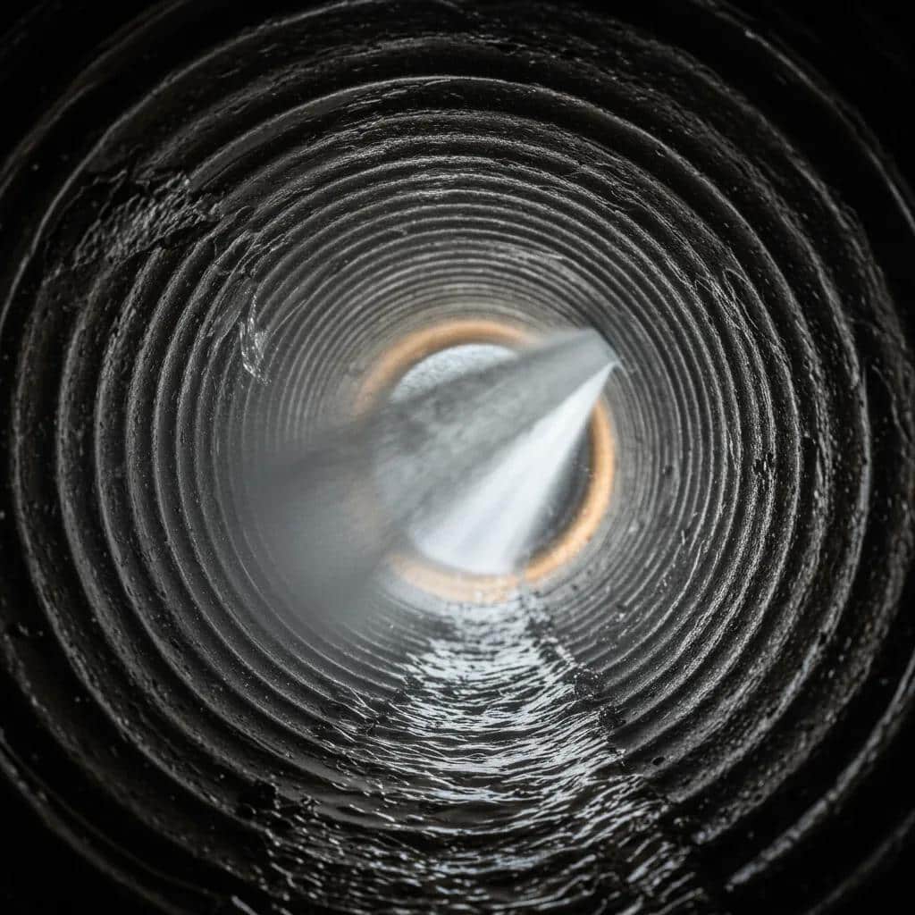 Hydro jetting process cleaning the interior of a sewer pipe with high-pressure water