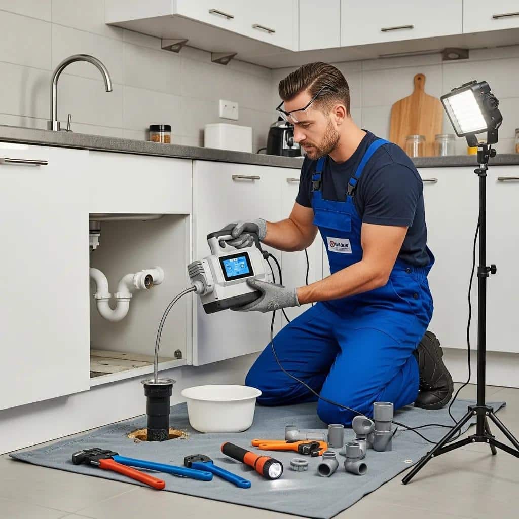 Professional plumber cleaning a drain with advanced tools in a residential setting