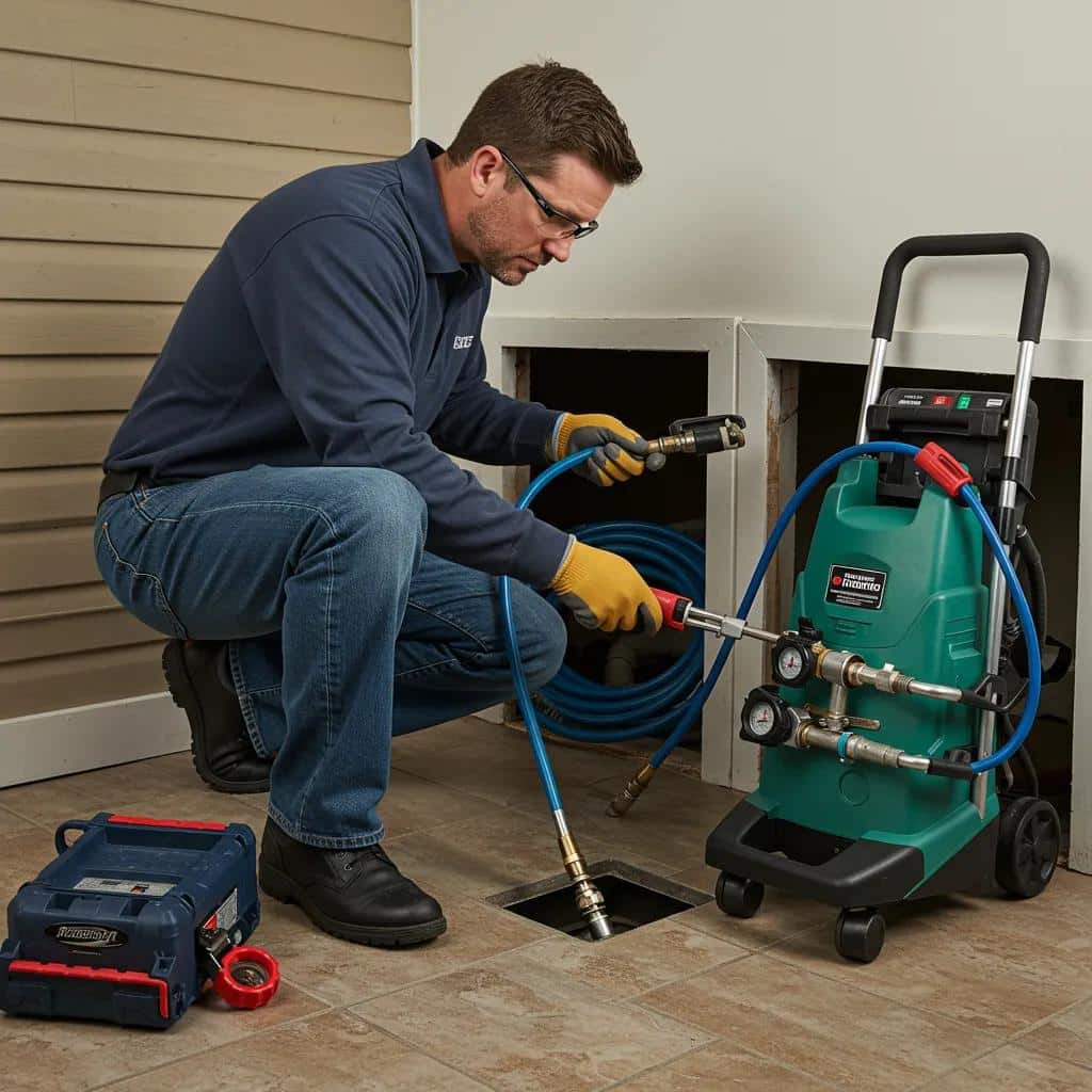 Professional plumber inspecting a residential drain system with tools