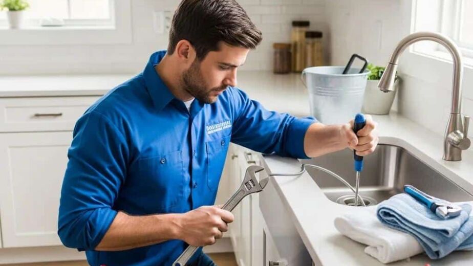 Professional plumber unclogging a kitchen drain with tools