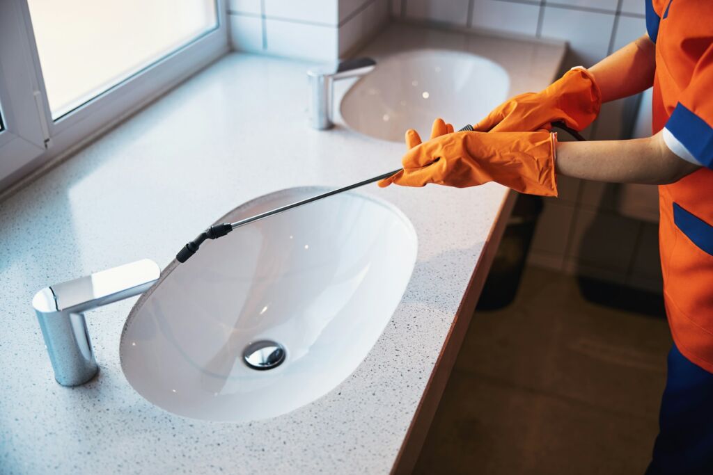 Professional plumber using a drain cleaning tool in a modern bathroom sink, emphasizing plumbing maintenance and prevention of long-term plumbing issues.