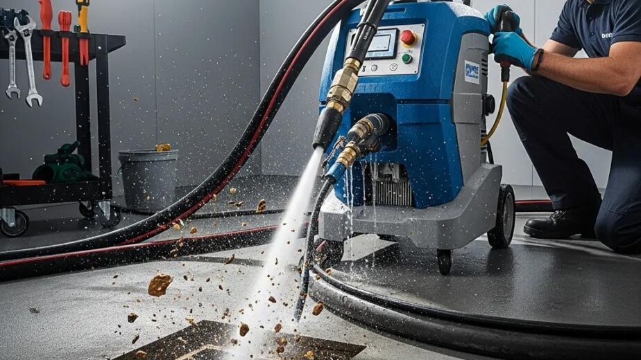 Hydro jetting machine in action, effectively clearing a drain with high-pressure water jets