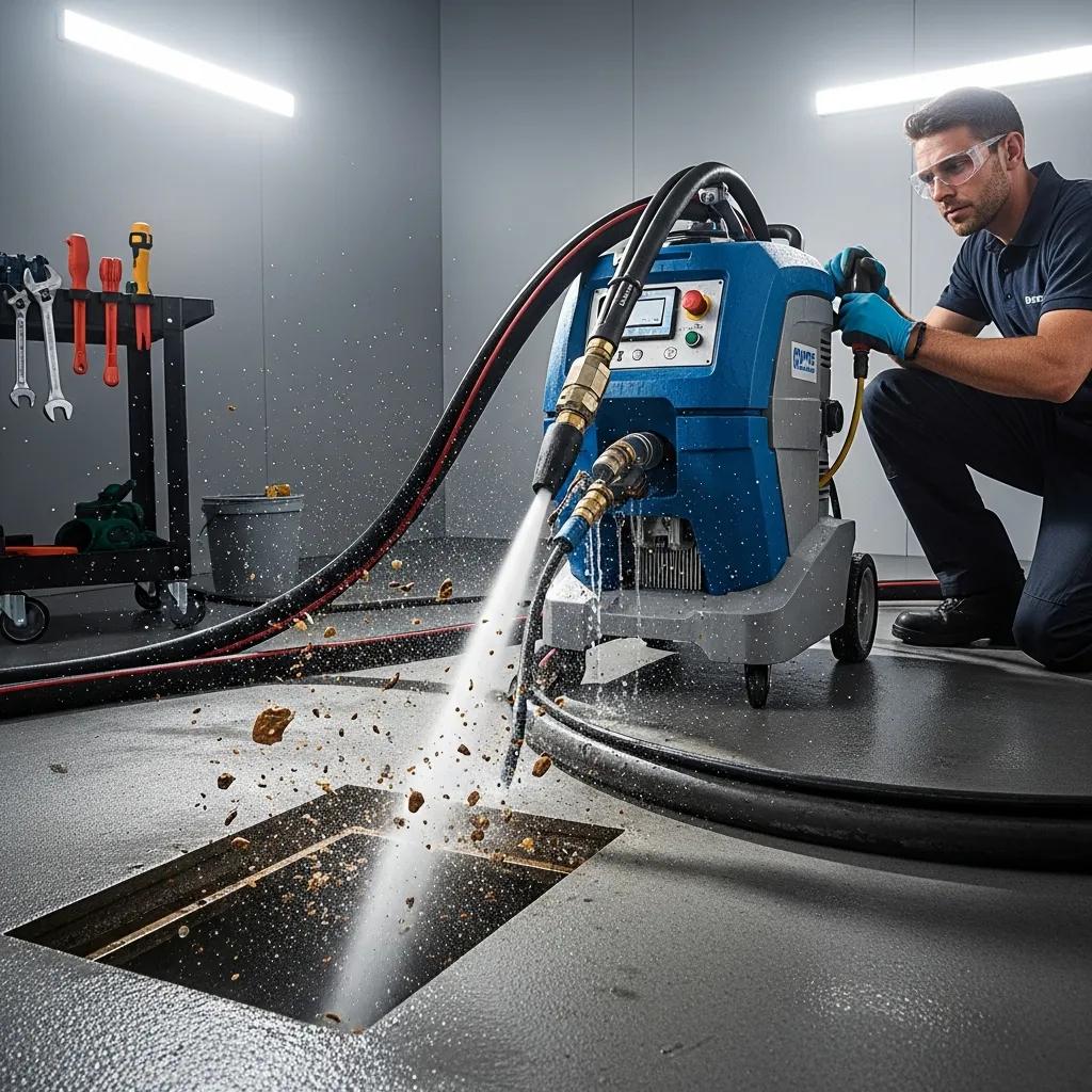 Hydro jetting machine in action, effectively clearing a drain with high-pressure water jets