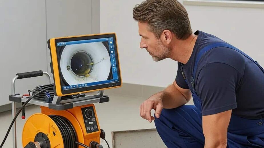 Plumber conducting a video inspection of a drain, utilizing technology to diagnose plumbing issues