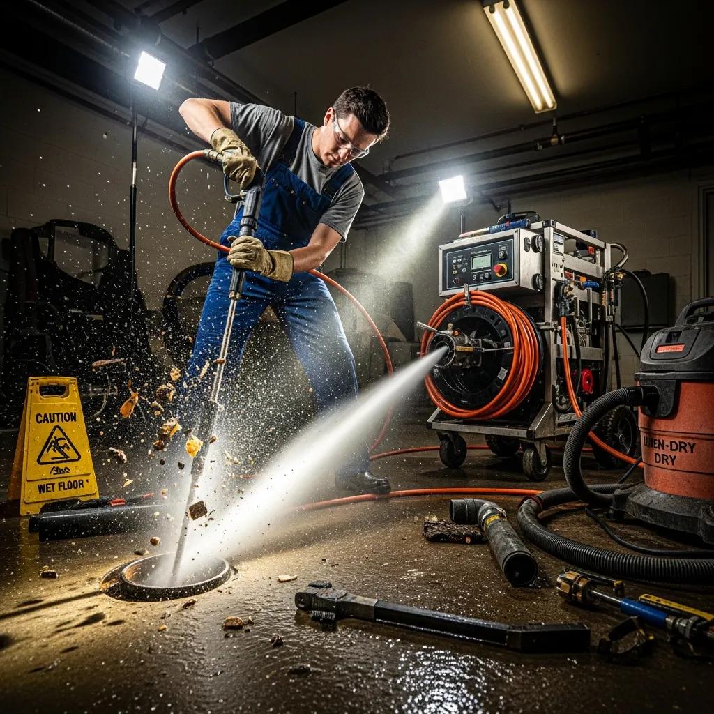 Plumber using hydro jetting equipment to clear drain blockage, emergency drain cleaning services.