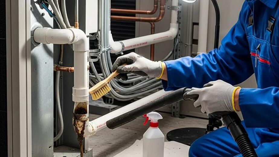 HVAC technician cleaning drain line with brush and tools, preventing clogs and supporting efficient operation.