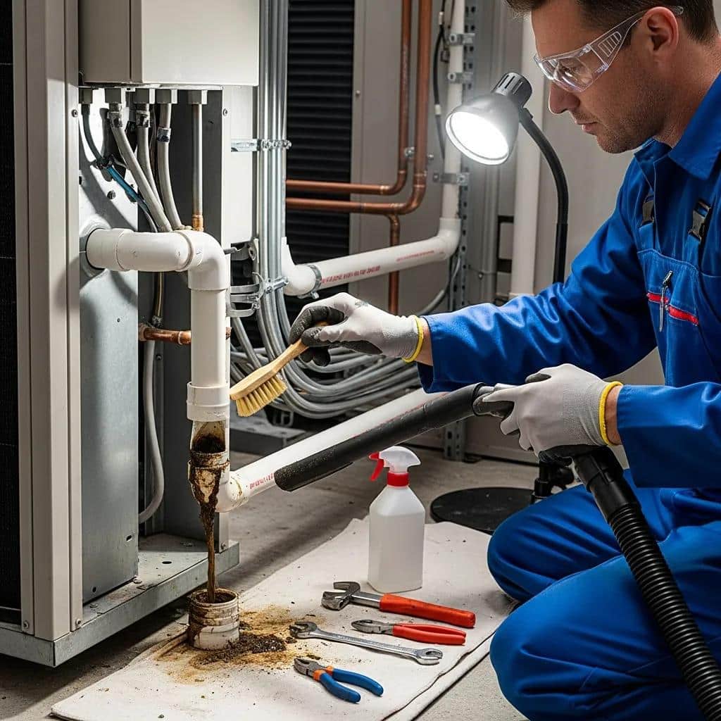 HVAC technician cleaning drain line with brush and tools, preventing clogs and supporting efficient operation.