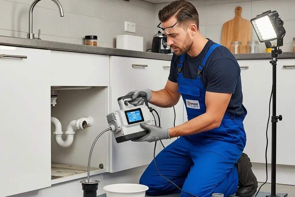 Professional plumber cleaning a drain with advanced tools in a residential setting