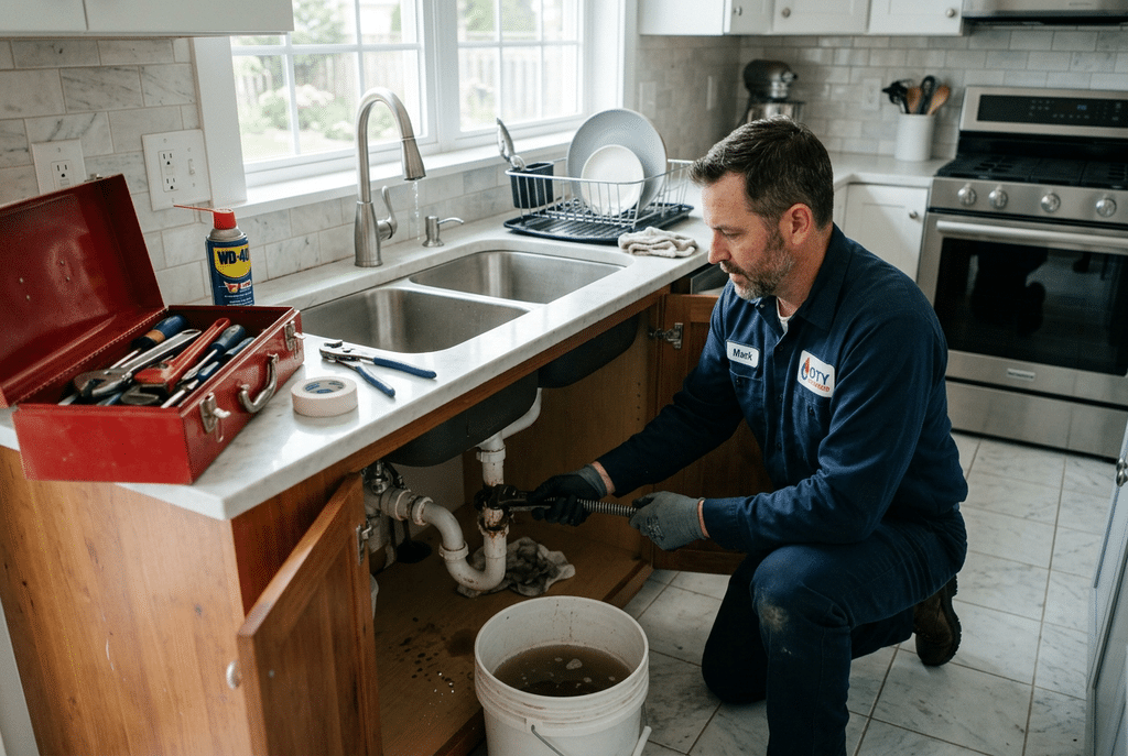 Employee fixing clogged kitchen sink